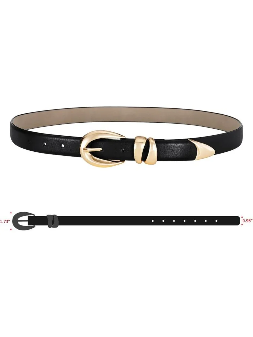 Women's Black Leather Adjustable Waist Belt For Jeans Dresses With Gold Buckle